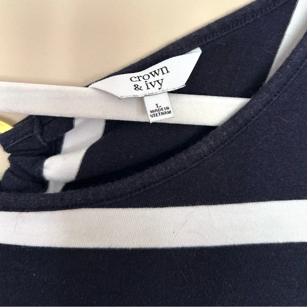 Crown & Ivy Navy Blue and White 3/4 Sleeve Soft Striped Crew Neck Dress - Picture 2 of 7